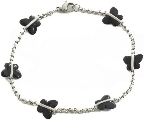 Pulsera de acero quirurgico eslabon rolo con mariposas negras 18cm